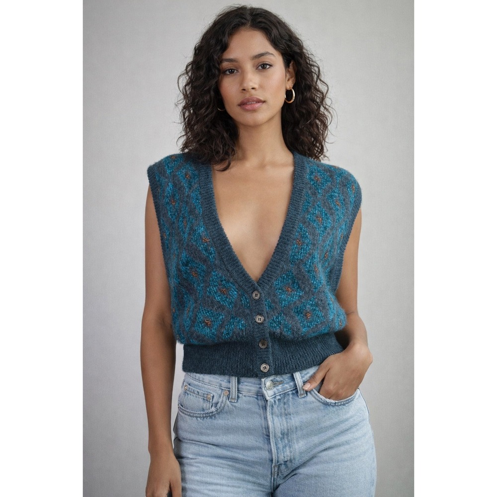Vintage 80s Liz Claiborne Knit Vest Womens M Wool Argyle Retro Fuzzy Academia